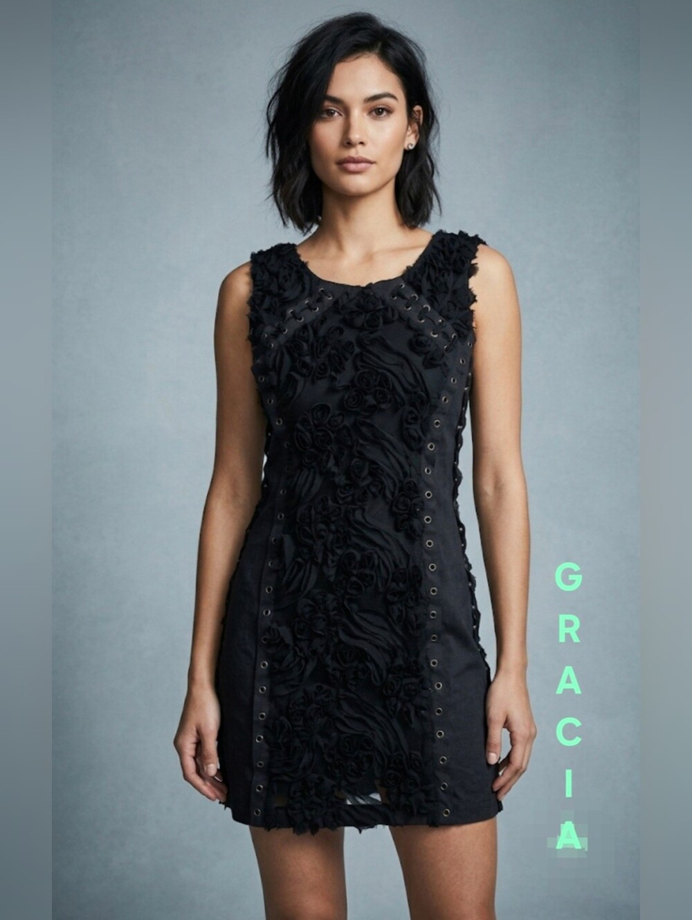 Gracia Black Sleeveless 3D Floral Applique Mini Dress Size L NWT